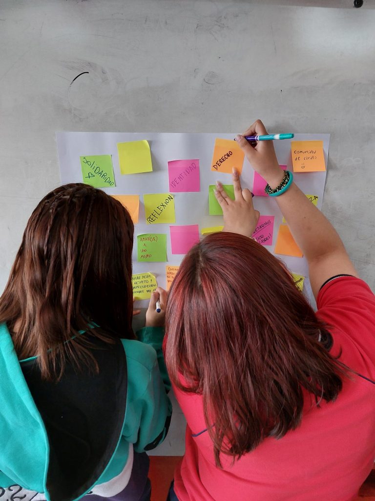 Dos mujeres de espalda escriben papeles pegados a la pared como identidad, solaridad, reflexión.