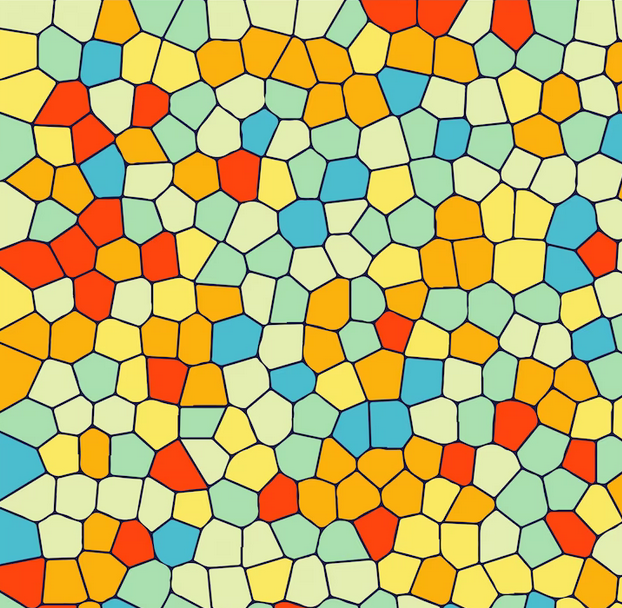 dibujo de mosaicos en colores naranja, amarillo y celeste en diferentes tonalidades