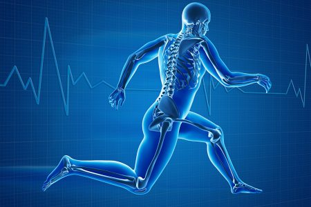 el dibujo de un esquleto humano corriendo sobre un fondo que imita la pantalla de un electrocardiograma todo en azul